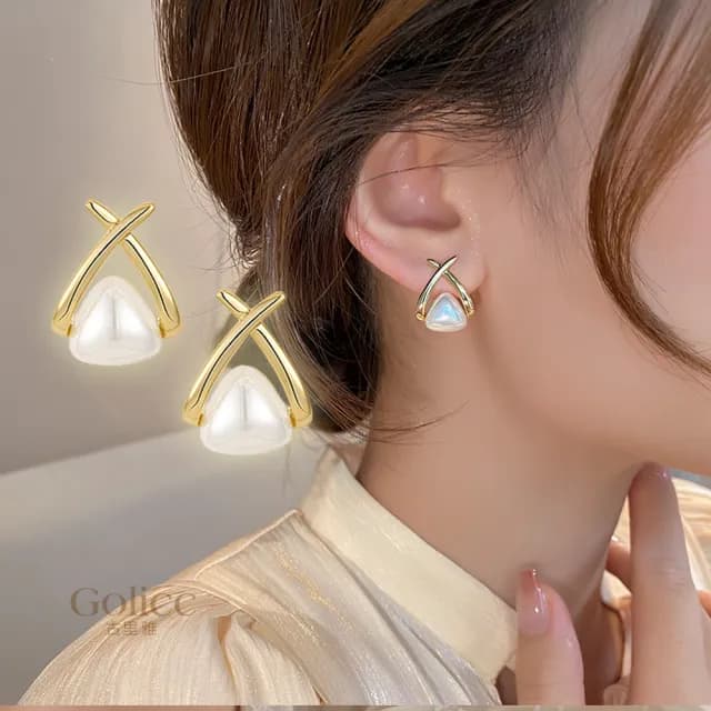 【Golicc】耳環 韓版 交叉 珍珠(99購物限定 生日 飾品 耳釘 耳飾 耳墜 禮物)