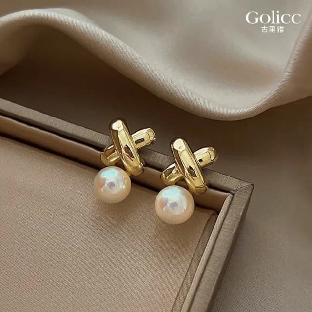 【Golicc】耳環 百搭 交叉 珍珠(七夕 情人節 生日 飾品 耳釘 耳飾 耳墜 禮物)