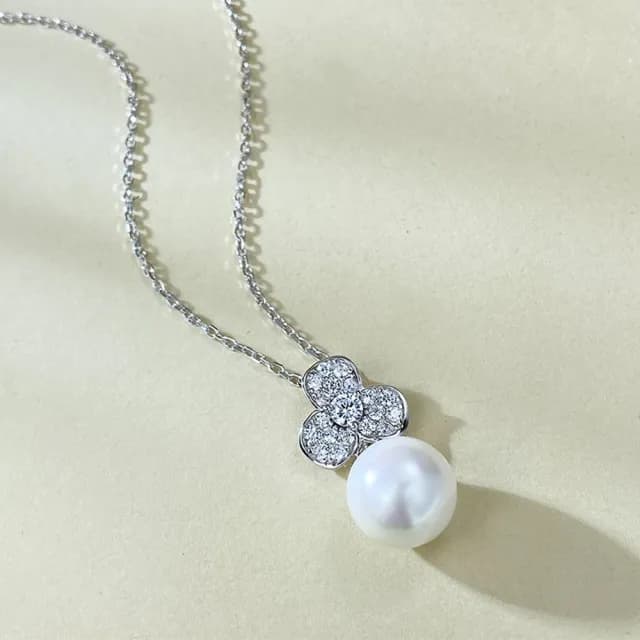 【米蘭精品】現貨+預購 珍珠項鍊925純銀吊墜(11mm貝珠花形鑲鑽女飾品聖誕節交換禮物74gh25)