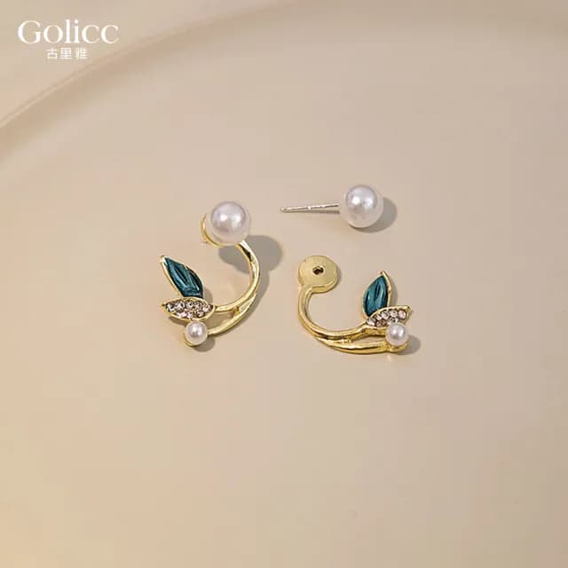 【Golicc】耳環 韓國 珍珠 閃鑽 樹葉(七夕 情人節 生日 飾品 耳釘 耳飾 耳墜 禮物)