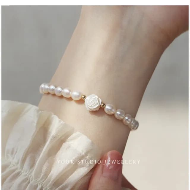 【TWINKLE】6月誕生石｜珍珠｜小香風天然淡水珍珠山茶花吊飾手鍊/手環#TW0161(誕生石)