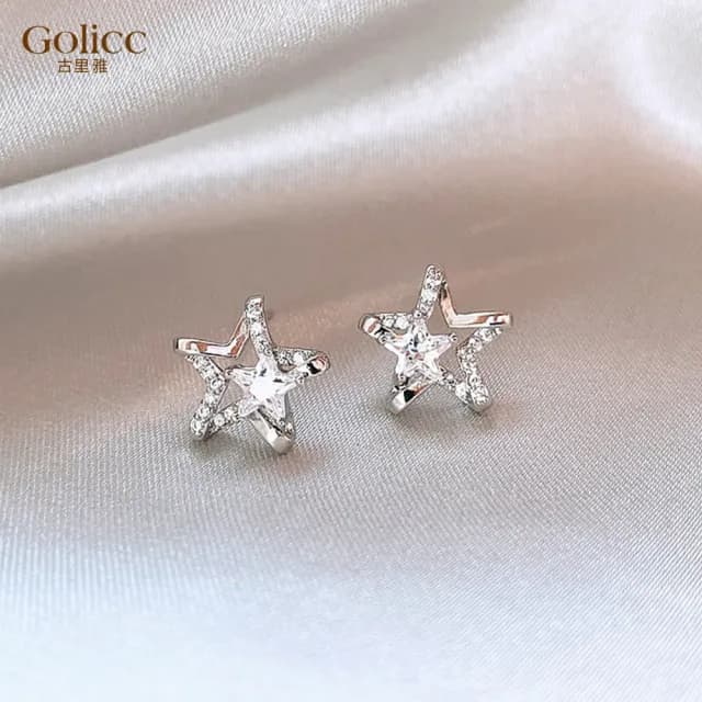 【Golicc】耳環 銀色 星星 鋯石(七夕 情人節 生日 飾品 耳釘 耳飾 耳墜 禮物)