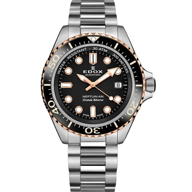 【EDOX 伊度】Neptunian 海神 68H超動能300米潛水機械錶-黑x玫瑰金/42mm 送禮 禮物 推薦(E80801.3NRM.NIR)