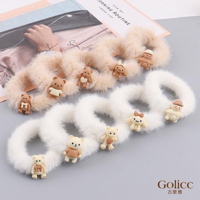 【Golicc】髮圈 奶茶色 毛絨 小熊 兩入(母親節 生日 情人節 髮飾 頭飾 大腸圈 髮夾 禮物)