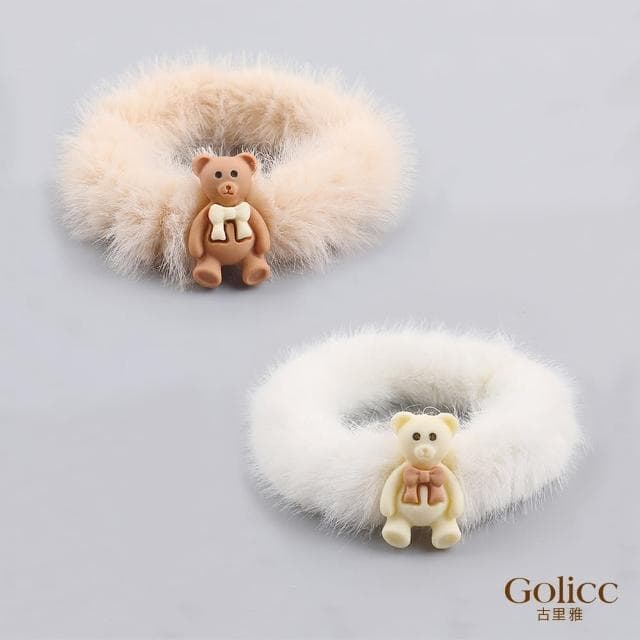 【Golicc】髮圈 奶茶色 毛絨 小熊 兩入(母親節 生日 情人節 髮飾 頭飾 大腸圈 髮夾 禮物)
