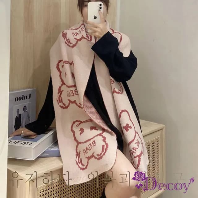 【Decoy】小熊緹花＊日系針織保暖圍巾(顏色可選)