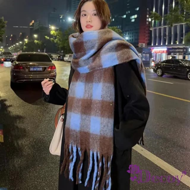【Decoy】大格紋流蘇＊海馬毛絨加厚保暖圍巾
