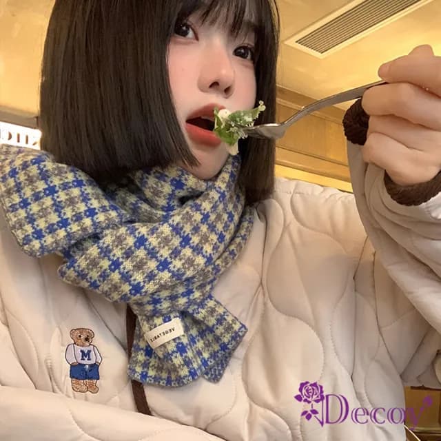【Decoy】復古格紋＊羊絨針織撞色保暖圍巾