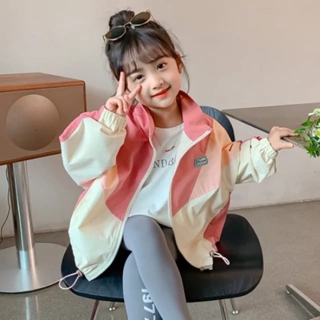 【橘魔法】粉拚色立領風衣拉鍊外套(長袖外套 薄外套 風衣 女童 兒童 中童 童裝)