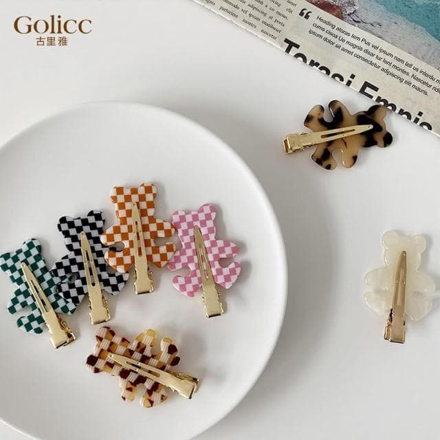 【Golicc】髮夾 韓國 棋盤格 ins 可愛 小熊 瀏海夾 2入(母親節 生日 情人節 髮飾 頭飾 鯊魚夾 抓夾 禮物)