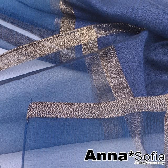 【AnnaSofia】真絲羊毛混紡大尺寸披肩絲巾圍巾-蔥點飾條透紗下擺 現貨(深邃藍系)