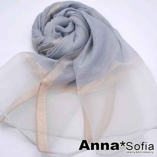 【AnnaSofia】真絲羊毛混紡大尺寸披肩絲巾圍巾-蔥點飾條透紗下擺 現貨(銀灰系)