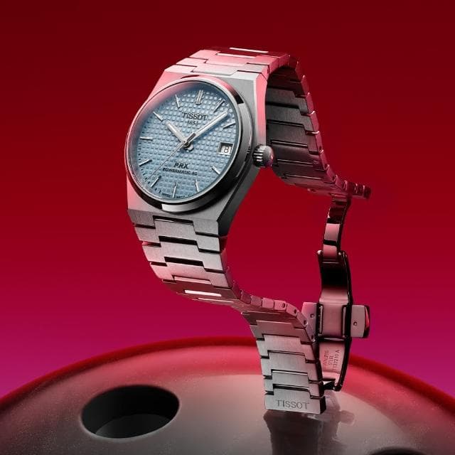 【TISSOT 天梭 官方授權】PRX系列 復古風酒桶型淑女機械錶-35mm/冰川藍 情人節 禮物(T1372071135100)