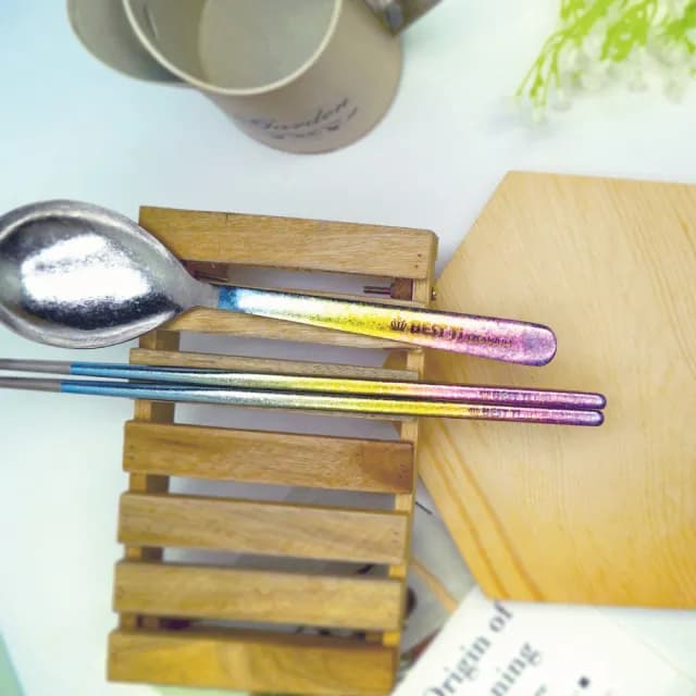【BEST Ti】純鈦冰晶阿湯筷匙餐具組 長方鈦筷 x 阿湯杓(繽紛彩)