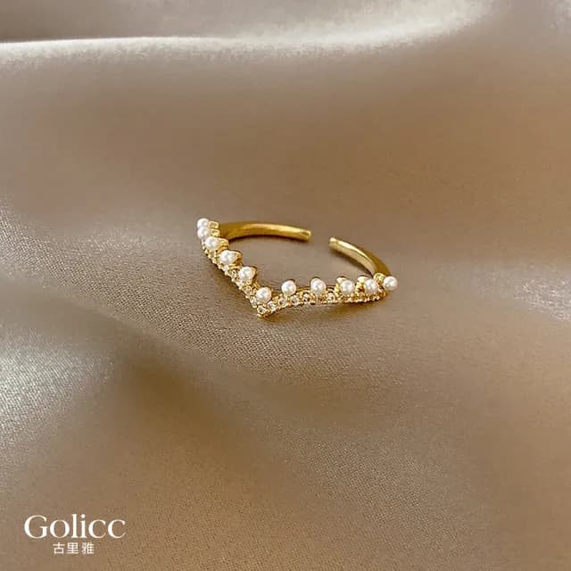 【Gulicc】戒指 日韓 V型 珍珠 鋯石 指環(雙11 聖誕節 生日 造型戒 食指戒 尾戒 禮物)