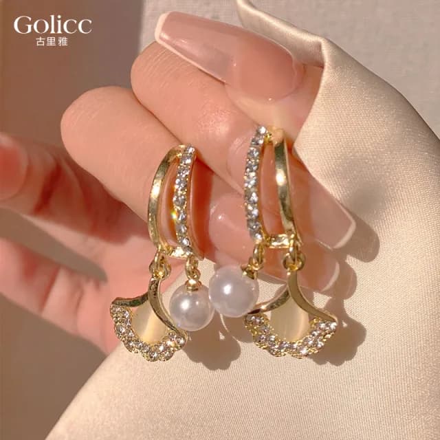 【Golicc】耳環 貓眼石 銀杏葉(99購物限定 生日 飾品 耳釘 耳飾 耳墜 禮物)