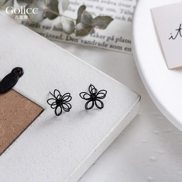 【Golicc】耳環 日韓 雙層 黑色 花朵(七夕 情人節 生日 飾品 耳釘 耳飾 耳墜 禮物)
