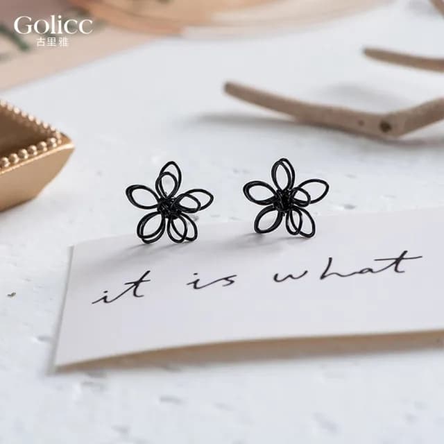 【Golicc】耳環 日韓 雙層 黑色 花朵(七夕 情人節 生日 飾品 耳釘 耳飾 耳墜 禮物)