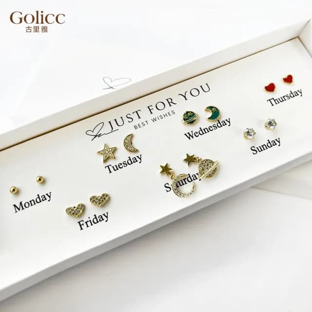 【Golicc】耳環  一周耳釘 倒數日期 7日 心情套裝組(七夕 情人節 生日 飾品 耳釘 耳飾 耳墜 禮物)