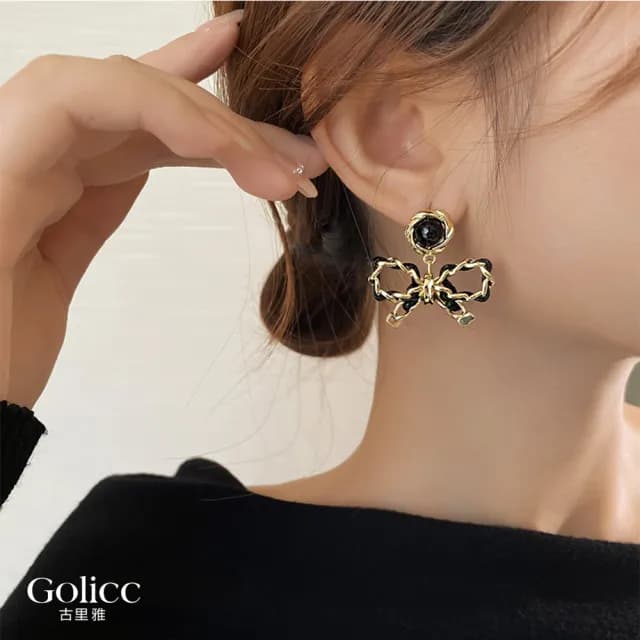 【Golicc】耳環 法式 黑色 蝴蝶結(七夕 情人節 生日 飾品 耳釘 耳飾 耳墜 禮物)