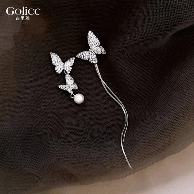 【Golicc】耳環 不對稱 蝴蝶 流蘇 鋯石(七夕 情人節 生日 飾品 耳釘 耳飾 耳墜 禮物)