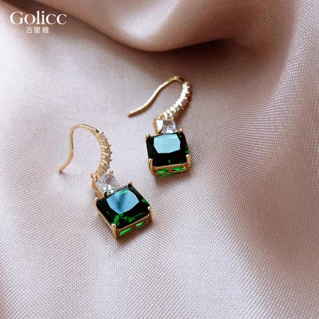 【Golicc】耳環 輕奢 祖母綠 方形(七夕 情人節 生日 飾品 耳釘 耳飾 耳墜 禮物)