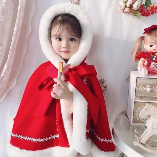 【橘魔法】蕾絲花邊小紅帽棉絨連帽斗篷(披風 披肩 刷毛 加厚 聖誕節 耶誕 大紅 新年 過年 女童 童裝 兒童)