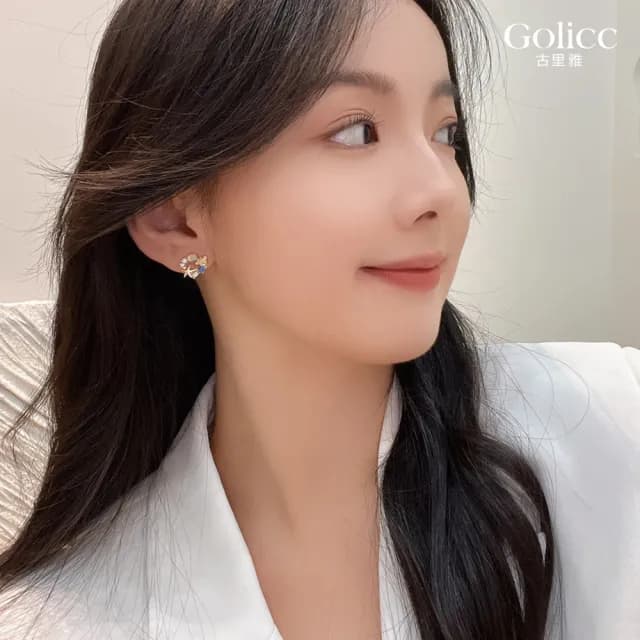 【Golicc】耳環 韓國 精緻 鋯石 貓眼石 花朵(七夕 情人節 生日 飾品 耳釘 耳飾 耳墜 禮物)