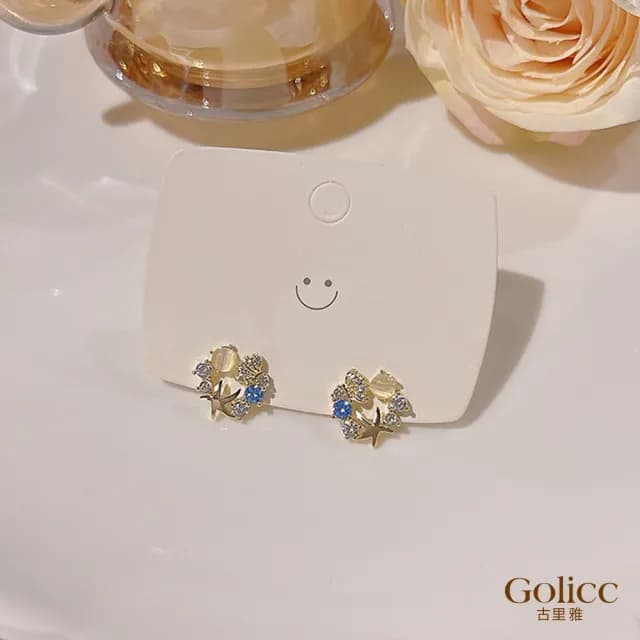 【Golicc】耳環 韓國 精緻 鋯石 貓眼石 花朵(七夕 情人節 生日 飾品 耳釘 耳飾 耳墜 禮物)