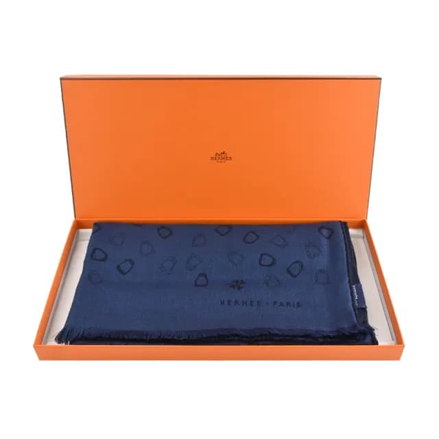【Hermes 愛馬仕】Ladybird 喀什米爾與真絲混紡雙面圍巾(飛行員藍/海軍藍)