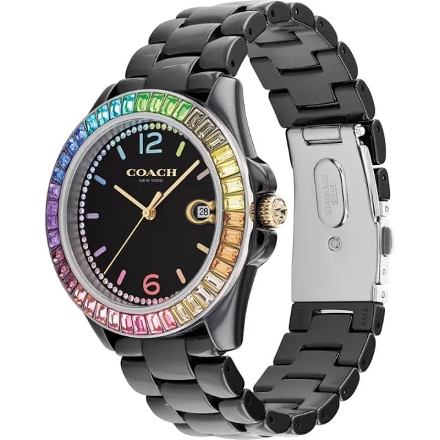 【COACH】Greyson 彩色水晶C字陶瓷女錶-黑/36mm 520禮物 送禮 手錶(CO14504018)