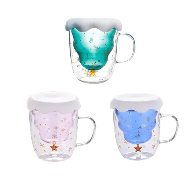 【太力】聖誕樹耐熱雙層玻璃杯300ml附杯蓋-1入(咖啡杯/水杯/玻璃杯/耐冷熱/聖誕節交換禮物)