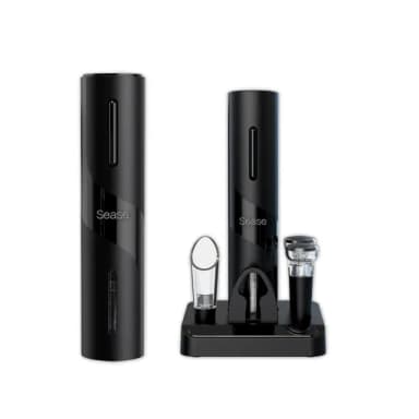 【SEASE】紅酒電動開瓶器套裝(開酒器 不鏽鋼 自動開瓶器 專用酒具收納底座 軟木塞 割錫紙刀 倒酒器)