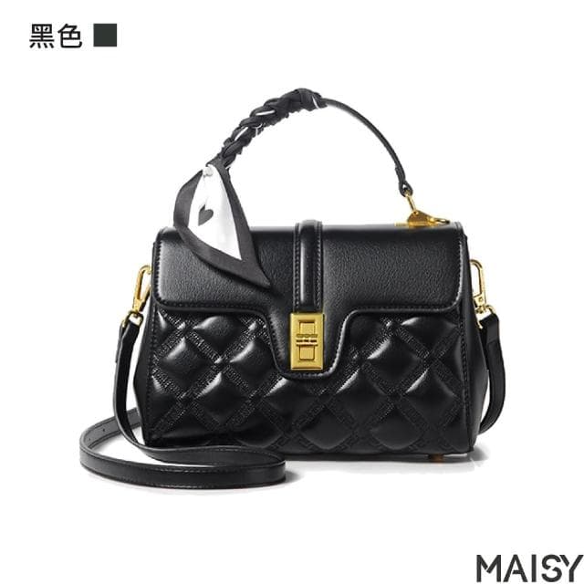 【MAISY】母親節禮物 古典女士柔美絲巾單肩手提包(現+預  黑色／米色／卡其色)