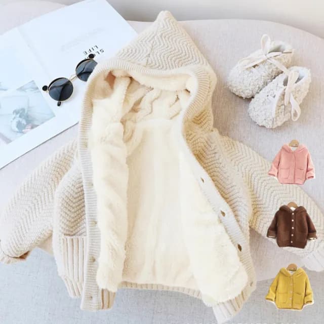 【橘魔法】編織毛線刷毛針織連帽外套(針織衫 開衫 外套 針織 外套 長袖 女童 男童 童裝 厚 刷毛 毛衣)