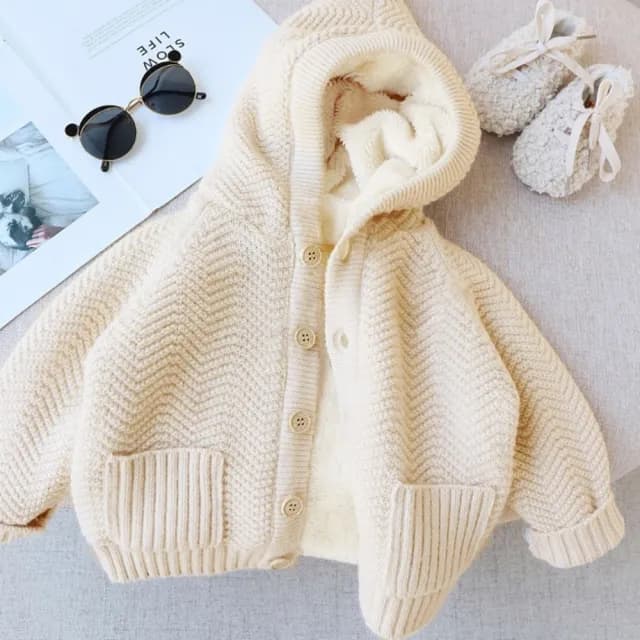 【橘魔法】編織毛線刷毛針織連帽外套(針織衫 開衫 外套 針織 外套 長袖 女童 男童 童裝 厚 刷毛 毛衣)