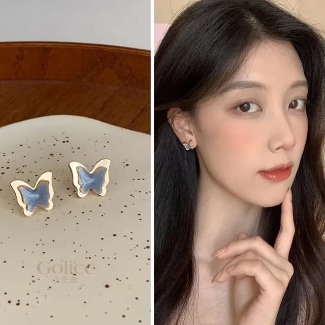 【Golicc】耳環 立體 藍色 蝴蝶(七夕 情人節 生日 飾品 耳釘 耳飾 耳墜 禮物)