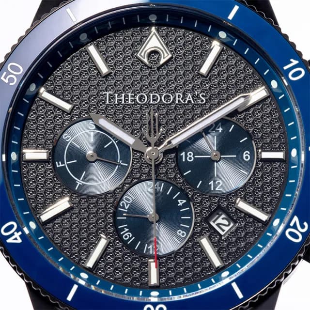 【THEODORA’S 希奧朵拉】(珍藏版)水行俠夜光潛水手錶藍黑蜂巢紋-鋼鍊帶黑(男款 真三眼計時 潛水錶)