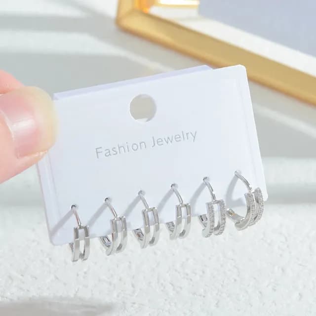 【Umi】一卡3對925純銀針微鑲鋯石雙圈雙環C形造型耳環207(日韓時尚潮流耳飾耳針耳墜耳釘)