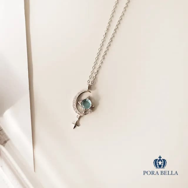 【Porabella】925純銀星河人造月光石情侶項鍊 夢幻海藍月光石設計鎖骨鏈 情人節禮物 告白禮物 Necklace