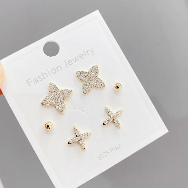 【Umi】一卡3對925純銀針微鑲鋯石星星星芒四芒星造型耳環(日韓時尚潮流耳飾耳針耳墜耳釘)
