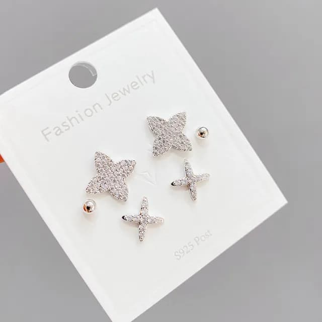 【Umi】一卡3對925純銀針微鑲鋯石星星星芒四芒星造型耳環(日韓時尚潮流耳飾耳針耳墜耳釘)