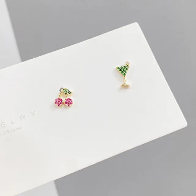 【Umi】一卡3對925純銀針微鑲彩色鋯石水果櫻桃西瓜草莓熱帶風情造型耳環(日韓時尚潮流耳飾耳針耳墜耳釘)
