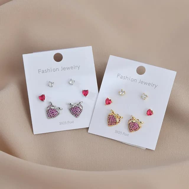 【Umi】一卡3對925純銀針微鑲鋯石粉紅蝴蝶結紅色愛心心形造型耳環(日韓時尚潮流耳飾耳針耳墜耳釘)