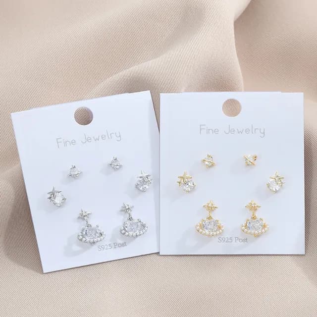 【Umi】一卡3對925純銀針微鑲鋯石星星星球星芒造型耳環(日韓時尚潮流耳飾耳針耳墜耳釘)