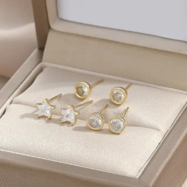 【Umi】一卡3對925純銀針微鑲鋯石星星星芒圓形單鑽造型耳環(日韓時尚潮流耳飾耳針耳墜耳釘)