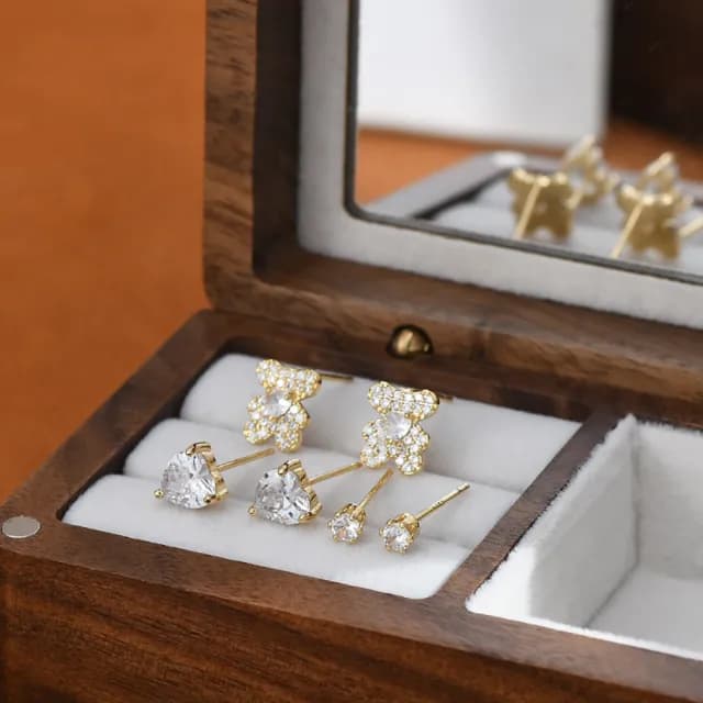 【Umi】一卡3對925純銀針微鑲鋯石可愛小熊愛心心形圓形單鑽造型耳環(日韓時尚潮流耳飾耳針耳墜耳釘)