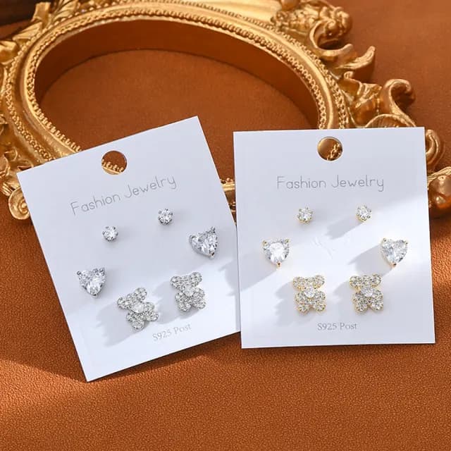 【Umi】一卡3對925純銀針微鑲鋯石可愛小熊愛心心形圓形單鑽造型耳環(日韓時尚潮流耳飾耳針耳墜耳釘)