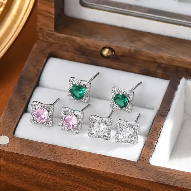 【Umi】一卡3對925純銀針微鑲粉紅綠彩色鋯石四芒星圓形單鑽造型耳環(日韓時尚潮流耳飾耳針耳墜)