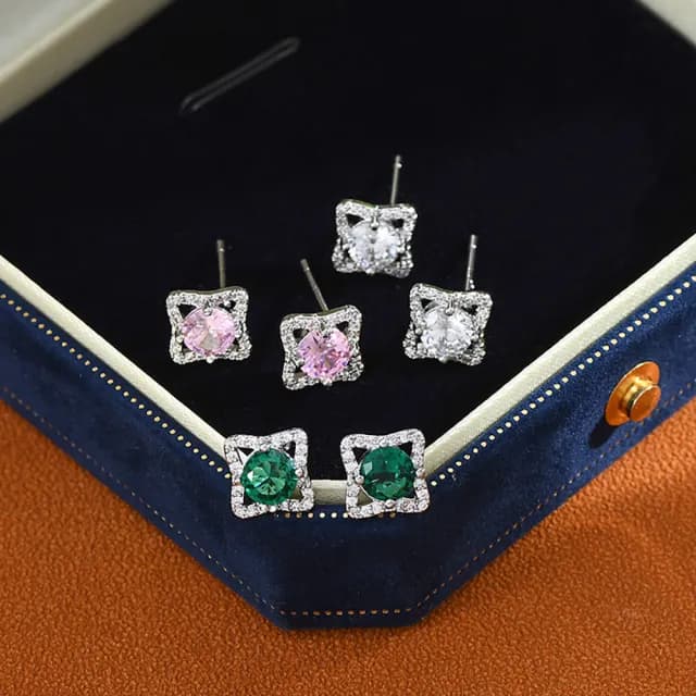 【Umi】一卡3對925純銀針微鑲粉紅綠彩色鋯石四芒星圓形單鑽造型耳環(日韓時尚潮流耳飾耳針耳墜)